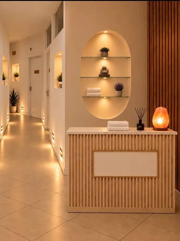 Ingresso e reception di Zami Studio Benessere a Piacenza con corridoio illuminato