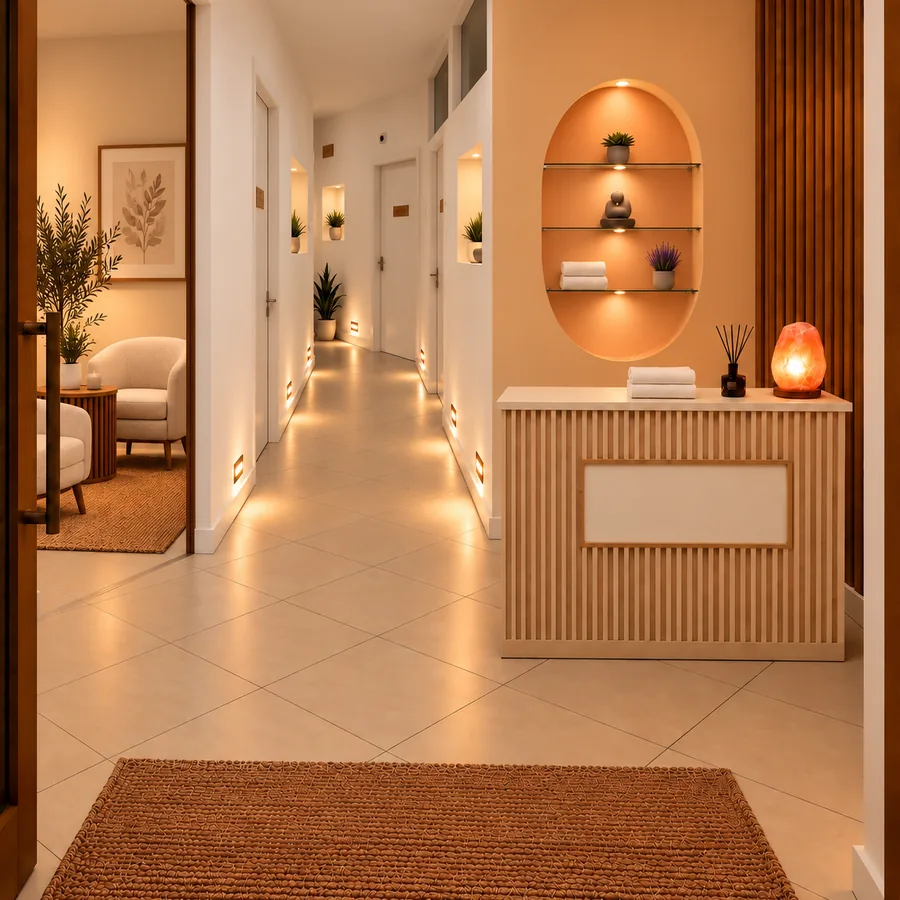 Ingresso del centro benessere con corridoio illuminato e bancone della reception