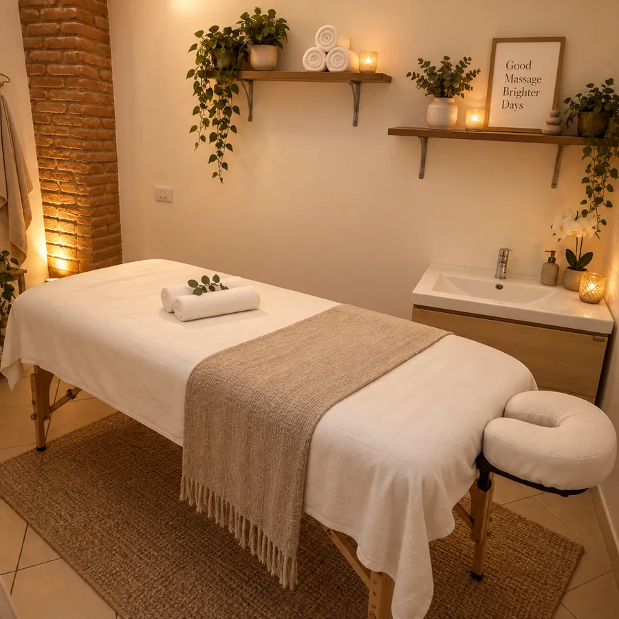 Sala massaggi dello studio con lettino, mensole e piante